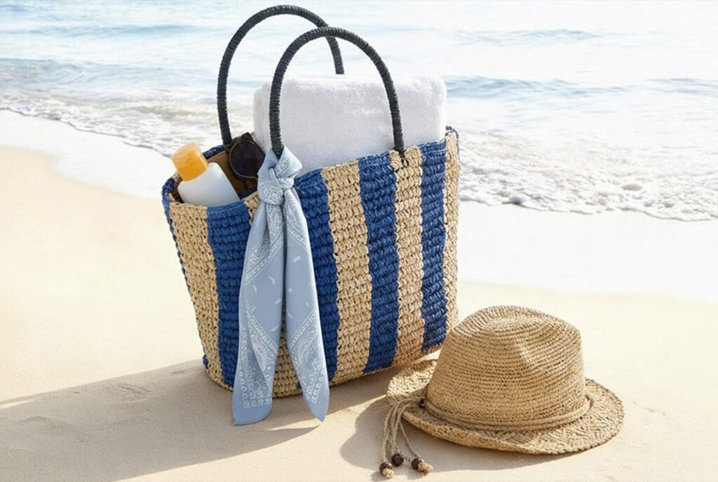 Beach Essentials: Basttasche und Strohhut